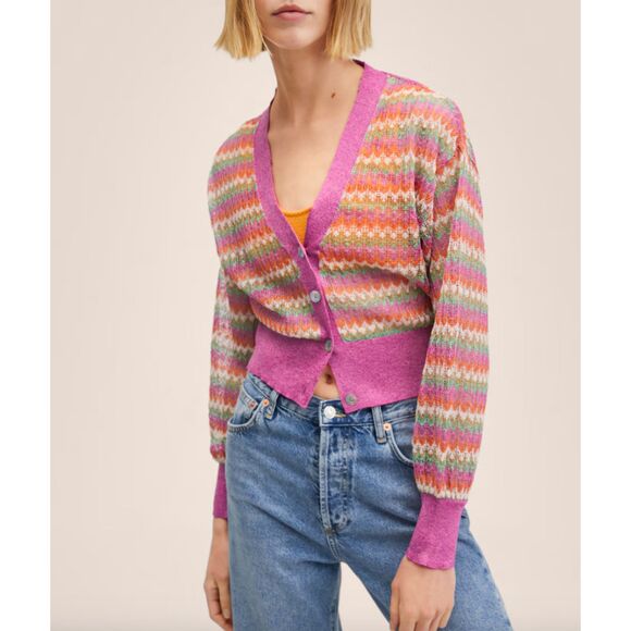 MANGO Striped Metallic Openwork‎ Knit Cardigan XS - Picture 1 of 6
